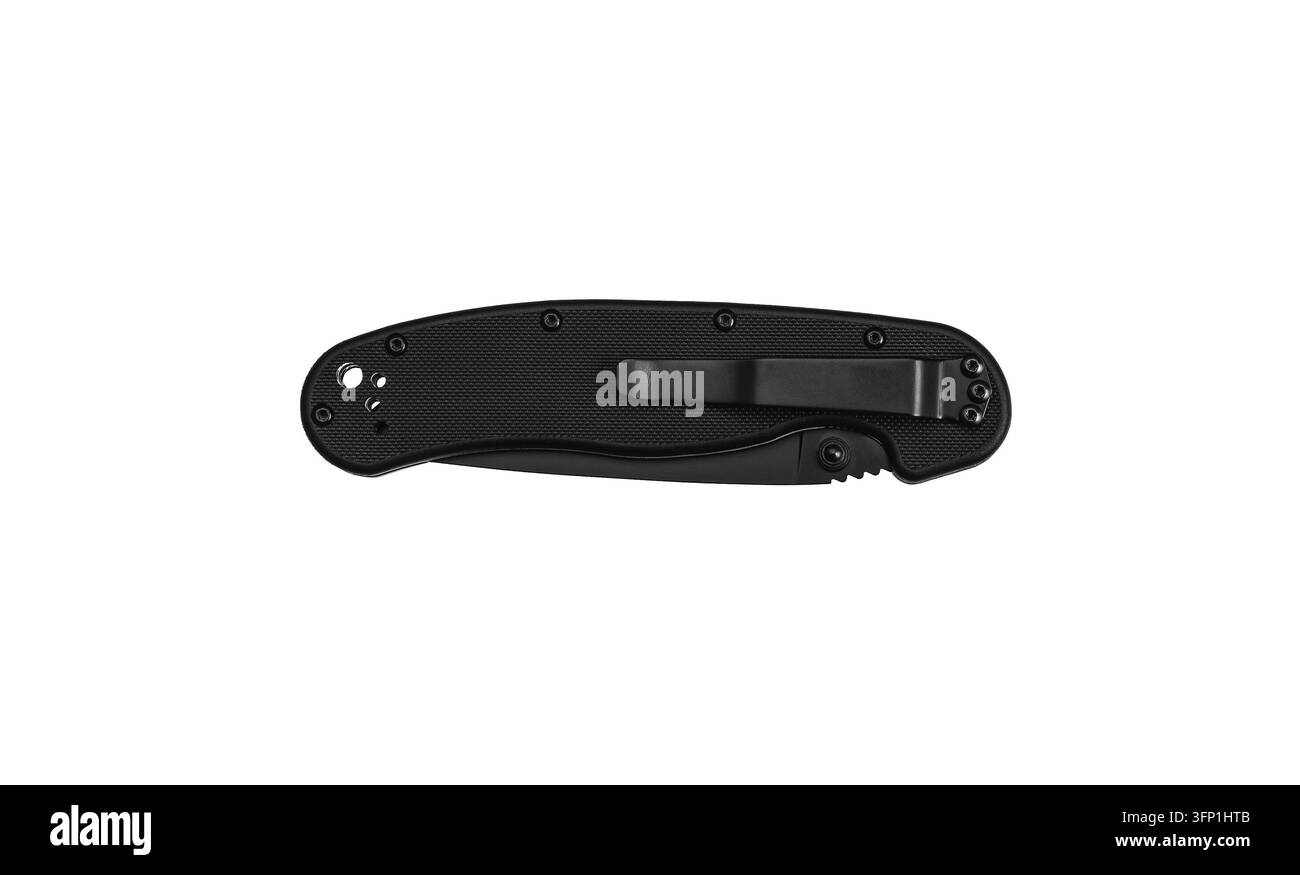 Closed black folding tactical knife isolated on white background. Stock Photo