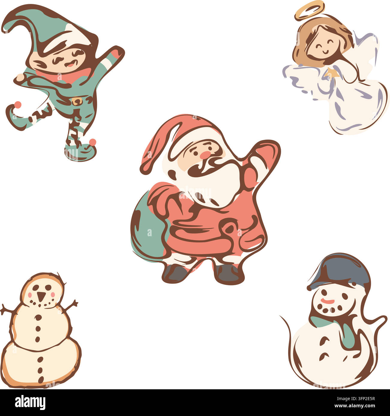 Cute Christmas Characters Hand Drawn Set Stock Vector