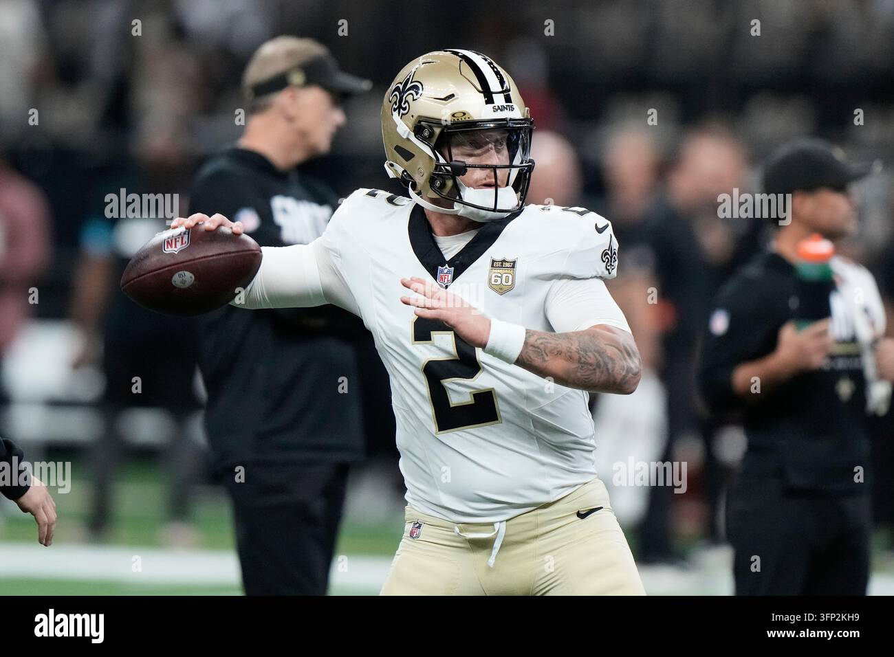 New Orleans Saints quarterback Spencer Rattler (2) warms up before an ...