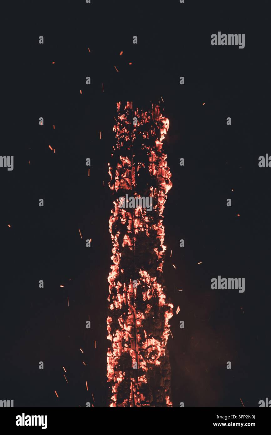 Vector Viewpoint Example View of a tall wooden pole burning with bright glowing embers and ...