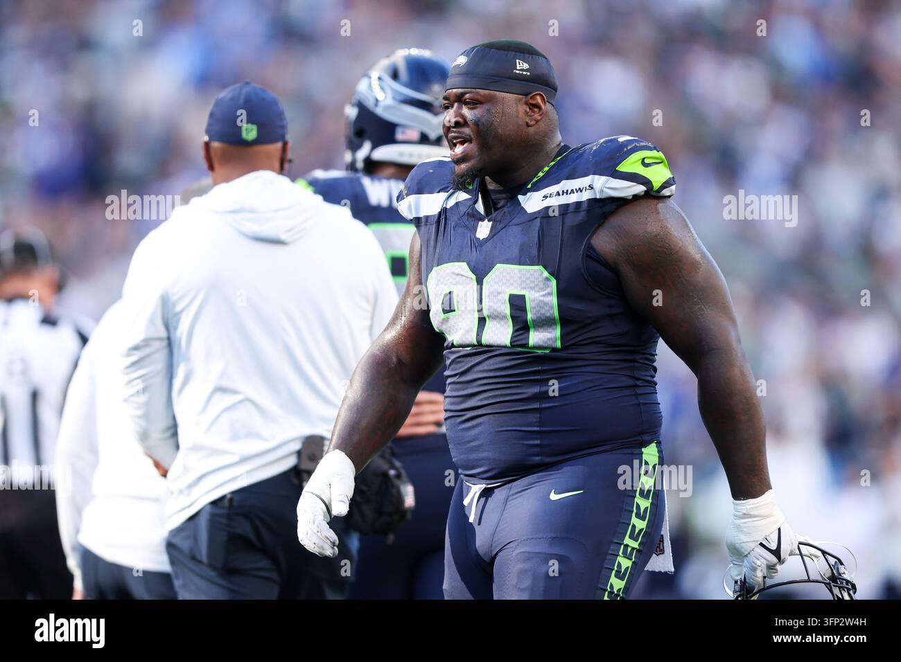 Seattle Seahawks defensive tackle Jarran Reed (90) reacts during an NFL ...