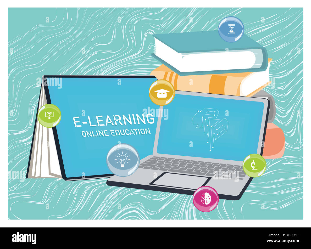 E-learning using online platforms, featuring books, digital devices, and educational symbolizing modern techniques in learning and knowledge acquisiti Stock Vector