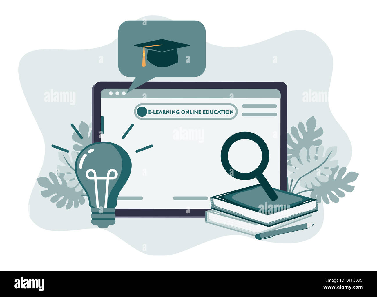 Elements of online learning with a graduation cap, magnifying glass, and light bulb, symbolizing education, innovation, and exploration using digital Stock Vector