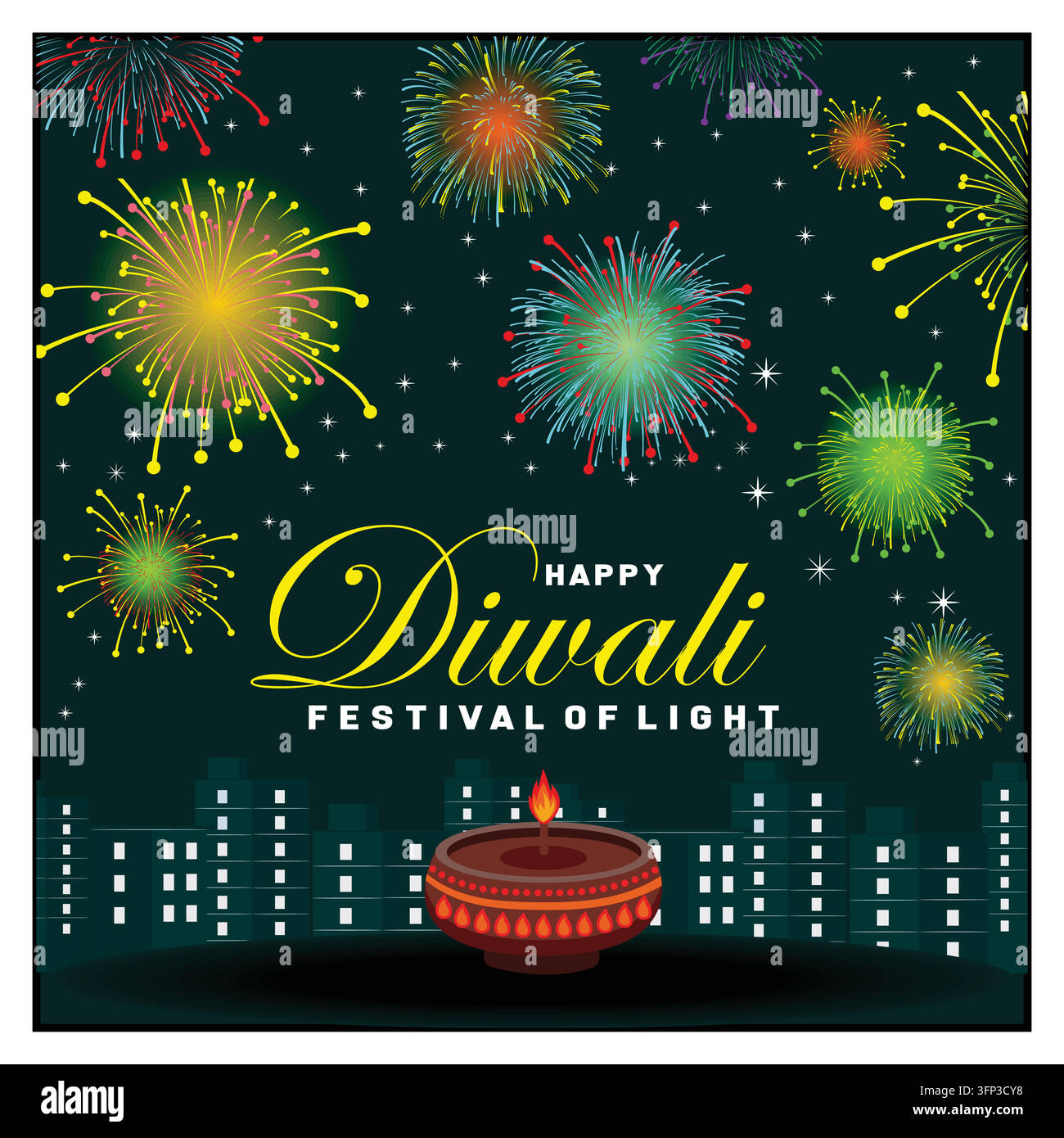 Diwali with a vibrant night scene featuring decorative fireworks, a glowing city skyline, and a lit traditional oil lamp. Flat vector modern illustrat Stock Vector