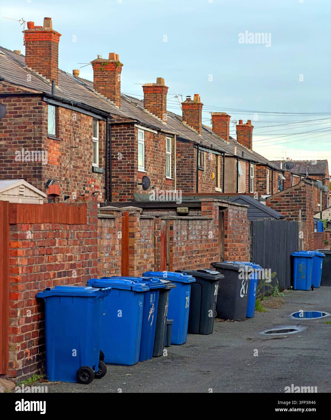 Rear alley behind Victorian red-brick terraces in Warrington, with wheelie bins, yard walls and chimney stacks. Stock Photo
