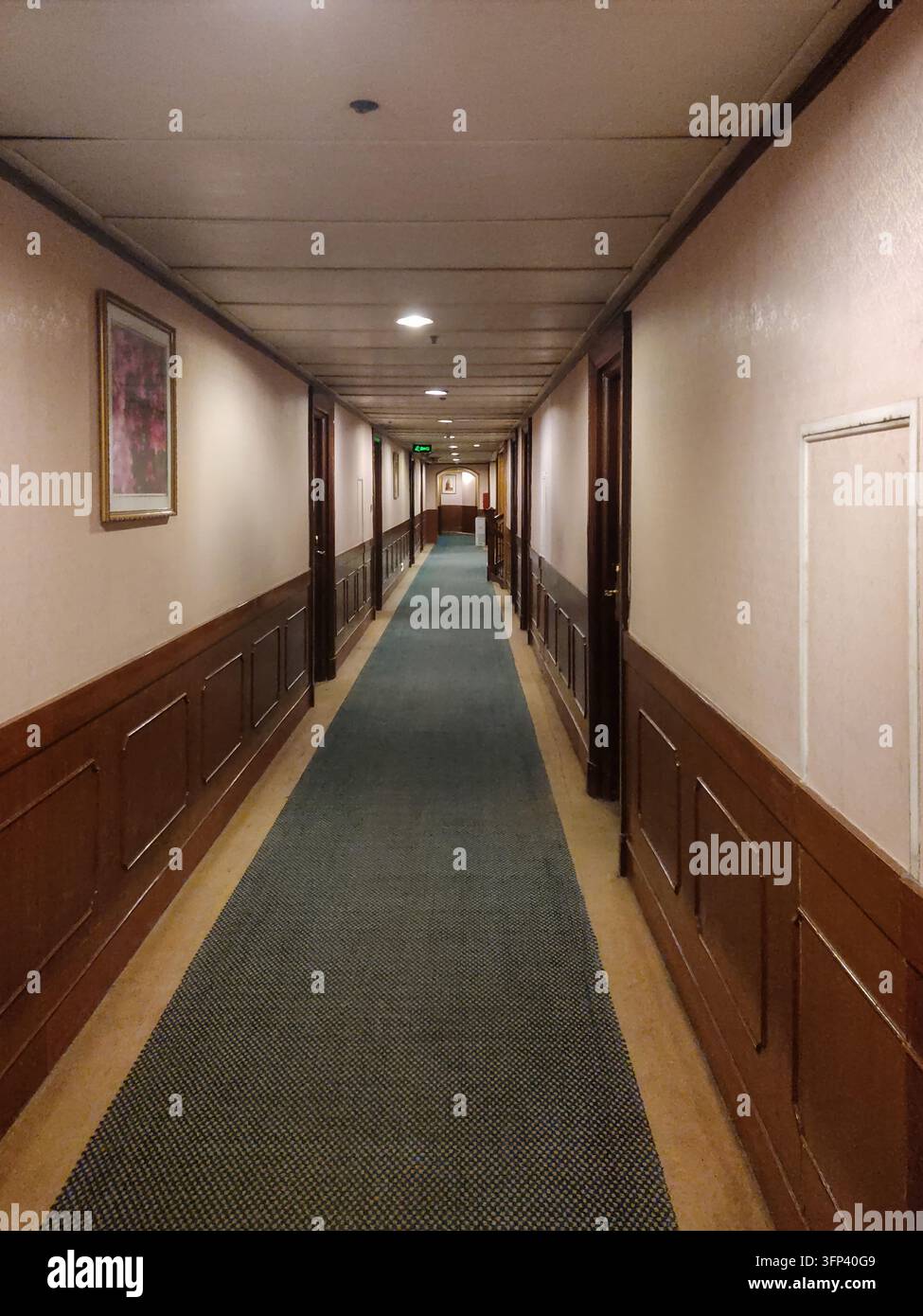 Empty hotel corridor with carpeted floor. Stock Photo