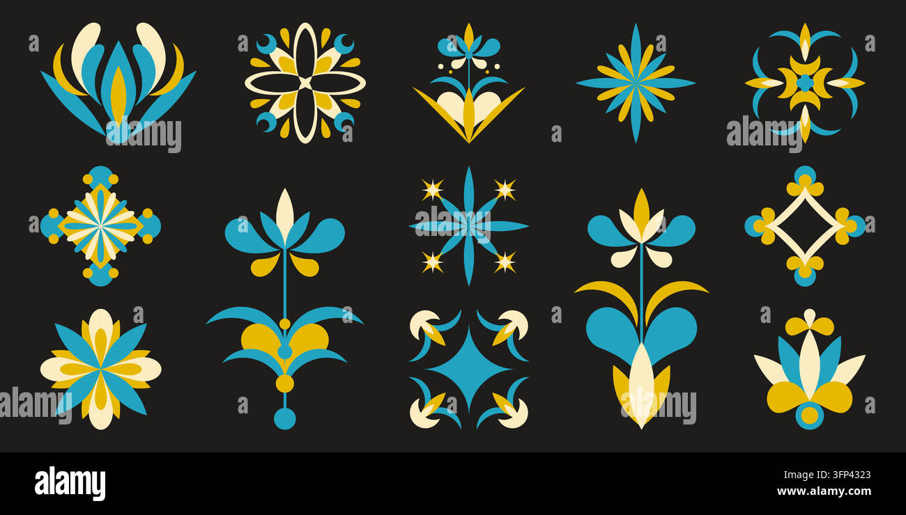 Mediterranean flower elements collection with blue Turkish floral patterns and Portuguese azulejo designs. Traditional ornamental vector set with geometric motifs for Mediterranean-inspired projects. Stock Vector