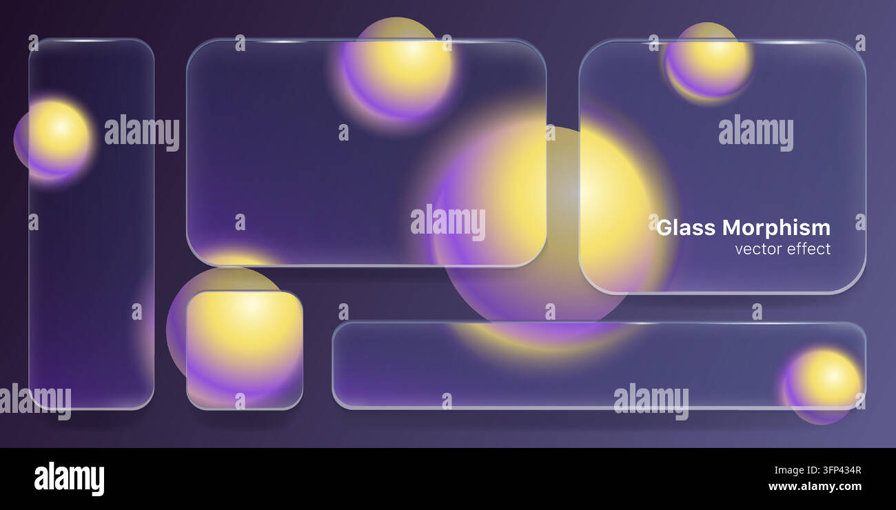 Transparent glass morphism UI elements set. Vector realistic illustration of frosted square button and rectangular panel, translucent card design for modern digital interface and tech application Stock Vector
