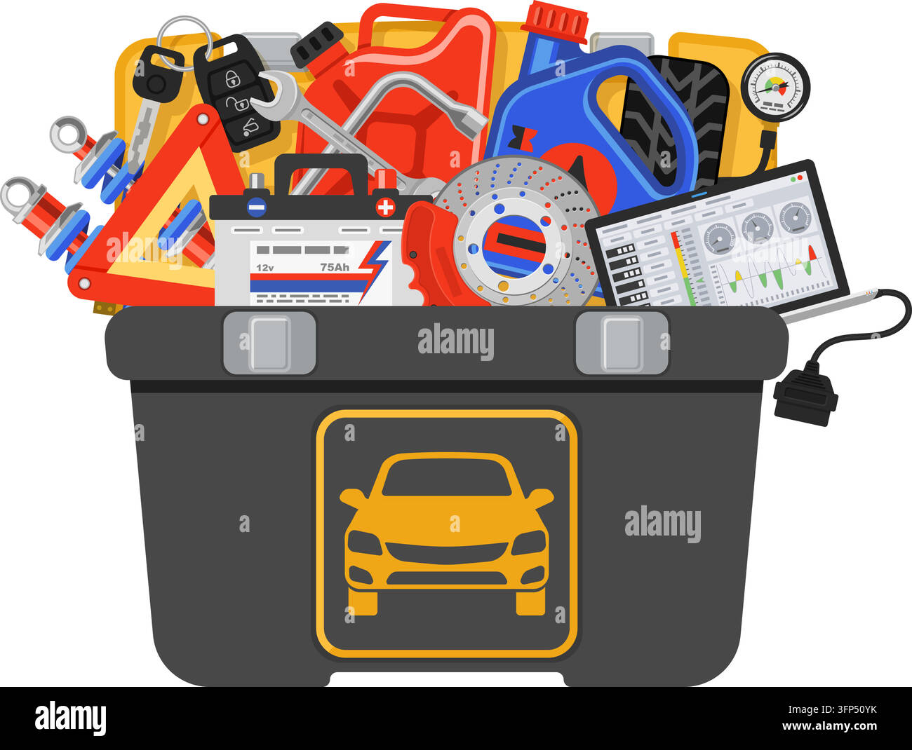 Auto Service Concept with Car tools and toolbox in hand car mechanic flat Icons. Isolated vector illustration. Stock Vector