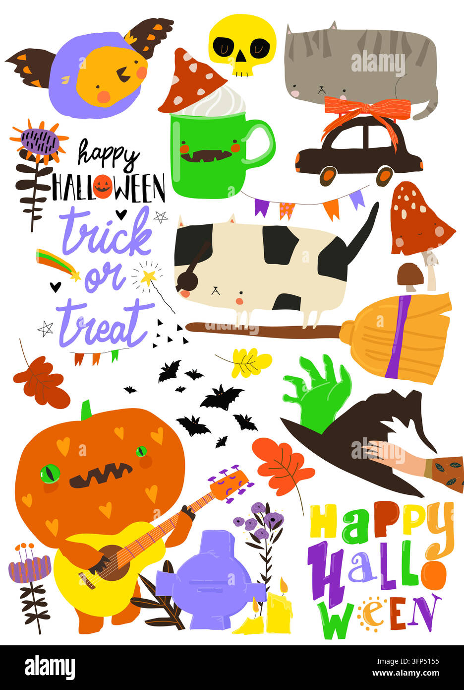 Cute Cartoon Set With Funny Cats, Pumpkins and Halloween Elements Stock Vector