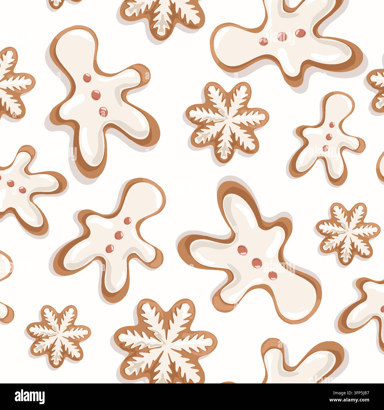 Cozy Christmas gingerbread man cookie seamless pattern on white background. Minimalist snowflake biscuit vector texture for holiday packaging Stock Vector