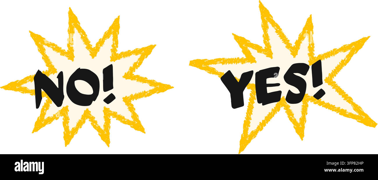 Hand drawn comic speech bubbles with bold NO and YES lettering, yellow starburst stickers, expressive doodle labels for social media, comments, polls Stock Vector