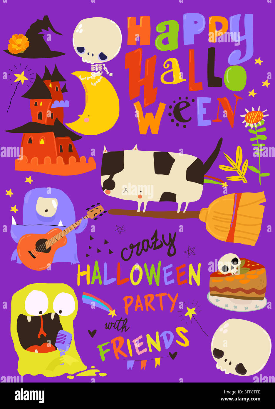 Cute Cartoon Set With Funny Monsters, Pumpkins and Halloween Elements Stock Vector