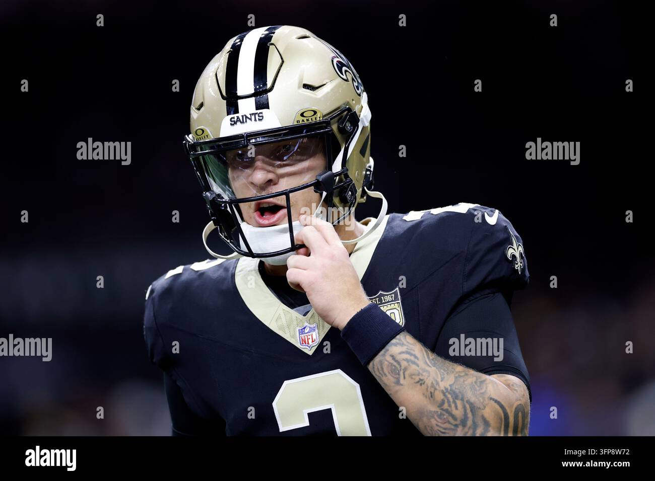 New Orleans Saints quarterback Spencer Rattler (2) warms up before an ...