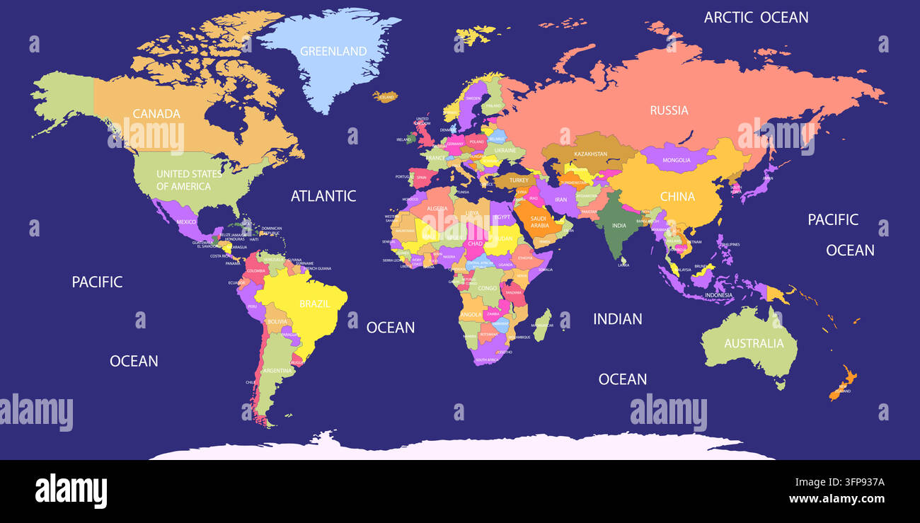 Colorful world map with all countries names. High Detail World map. Stock Vector