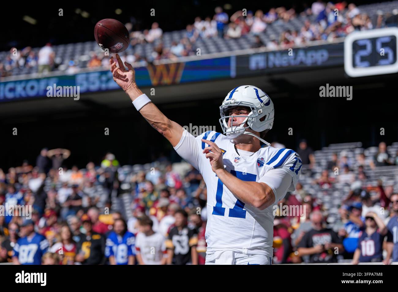 Indianapolis Colts quarterback Daniel Jones warms up before an NFL ...