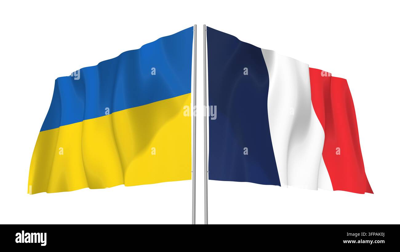 Ukraine and France flags waving on isolated white background Stock ...