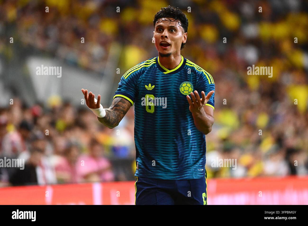 Richard Rios #6 of Colombia reacts against Peru in an International ...