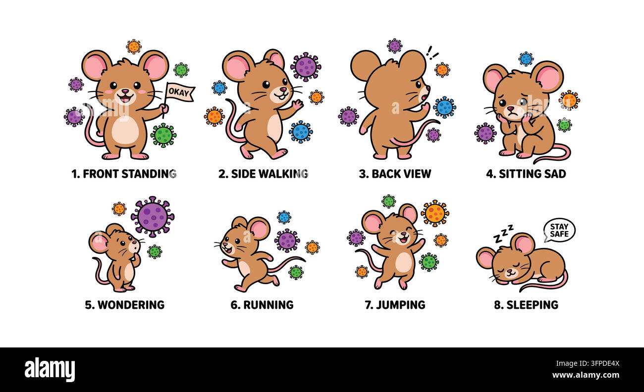 Cute mouse character sheet with different poses and virus symbols Stock Vector