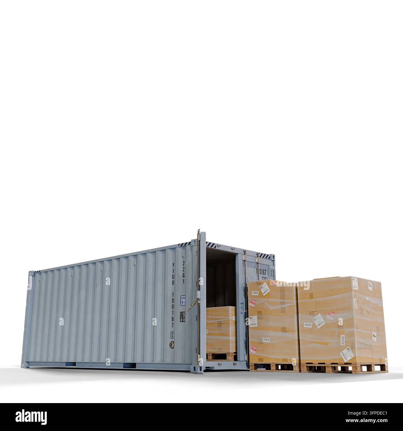 Cargo Shipping Container Loaded with Pallets and Cardboard Boxes for Logistics and Supply Chain  isolated on white background 3d illustration Stock Photo