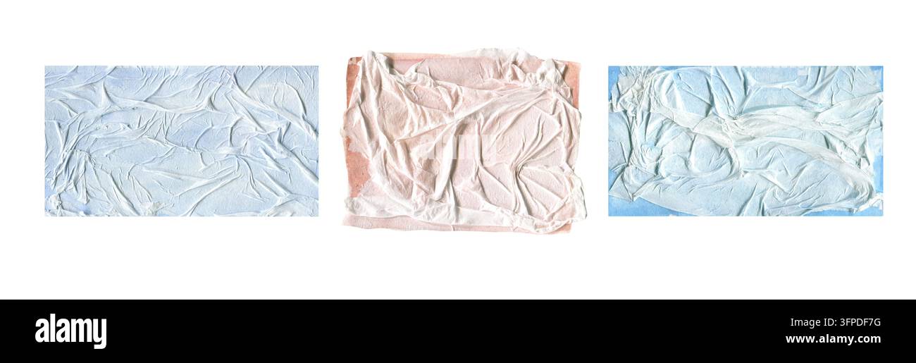 Crumped tissue paper texture with watercolor wash effect set abstract blue and beige paper fold background elements isolated on white background Stock Photo
