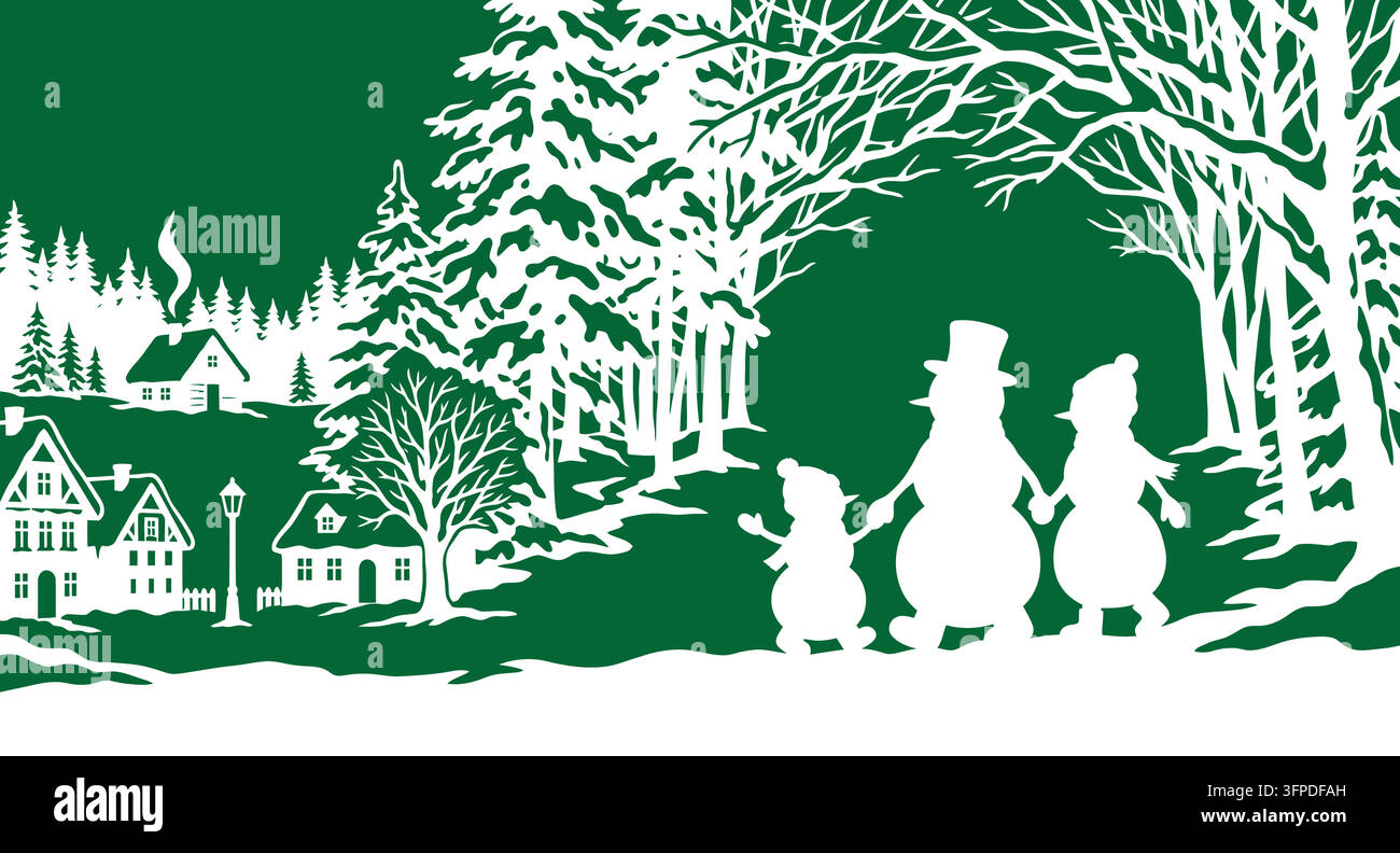 Winter landscape scene with snowmen family in a festive snowy village Stock Vector