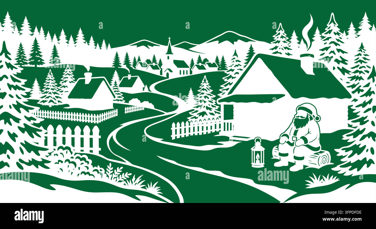 Santa claus sitting by a house in a snowy village scene with christmas Stock Vector