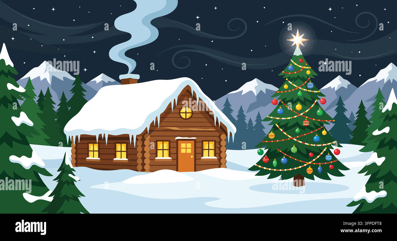 Cozy winter cabin in a snowy forest with a decorated christmas tree at night Stock Vector