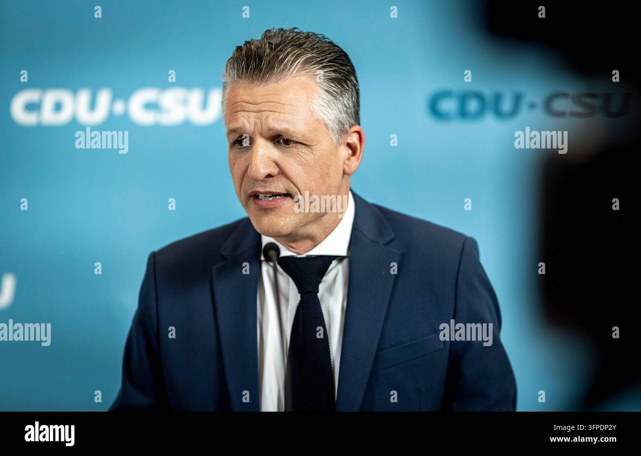 Thorsten Frei, CDU parliamentary group leader at a press statement ...