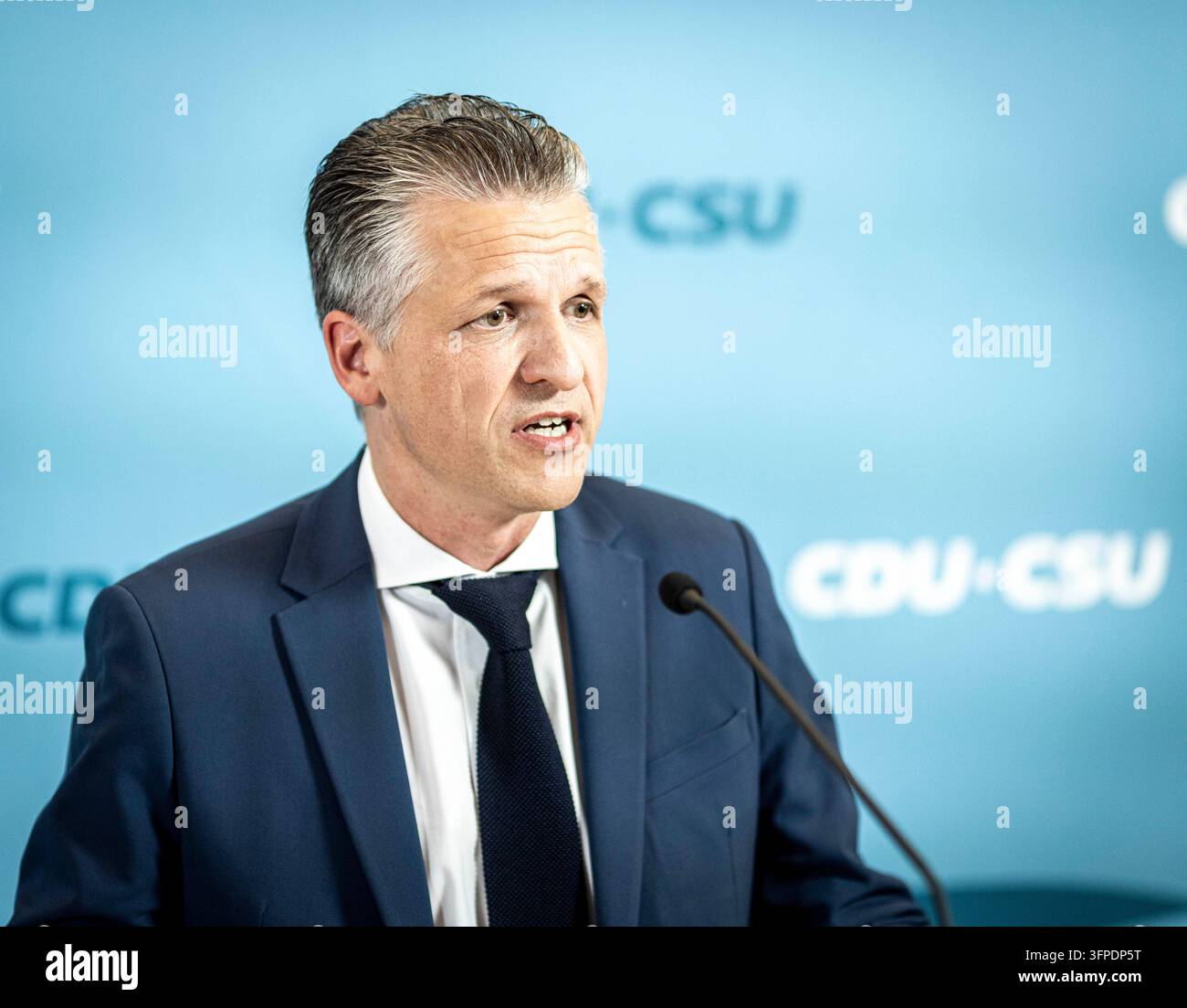 Thorsten Frei, CDU parliamentary group leader at a press statement ...