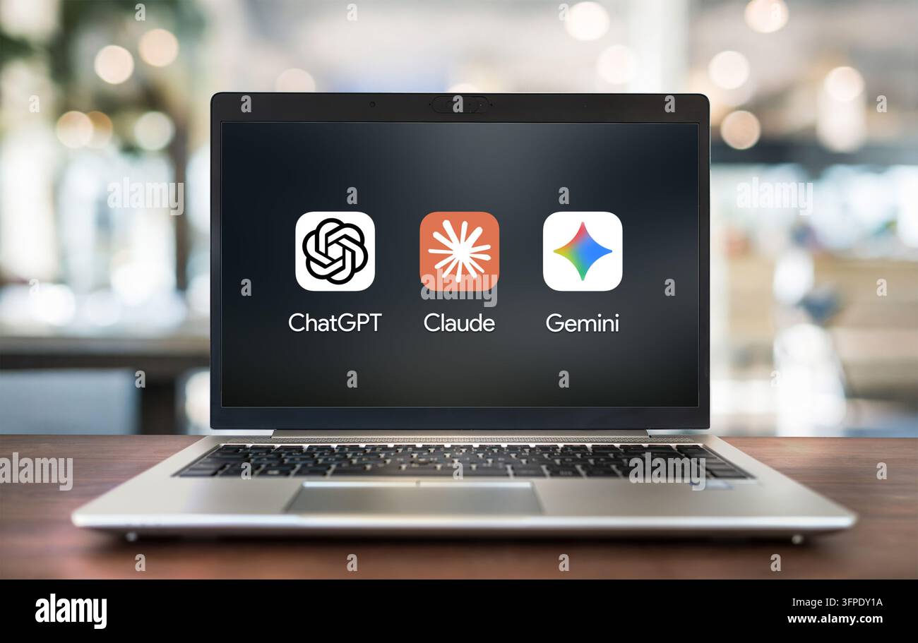 ChatGPT, Claude and Gemini AI Tools displayed on Laptop Stock Photo