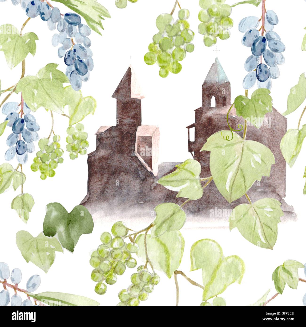 Screamless Patterns Seamless watercolor pattern with grapevines, grapes, old church ...