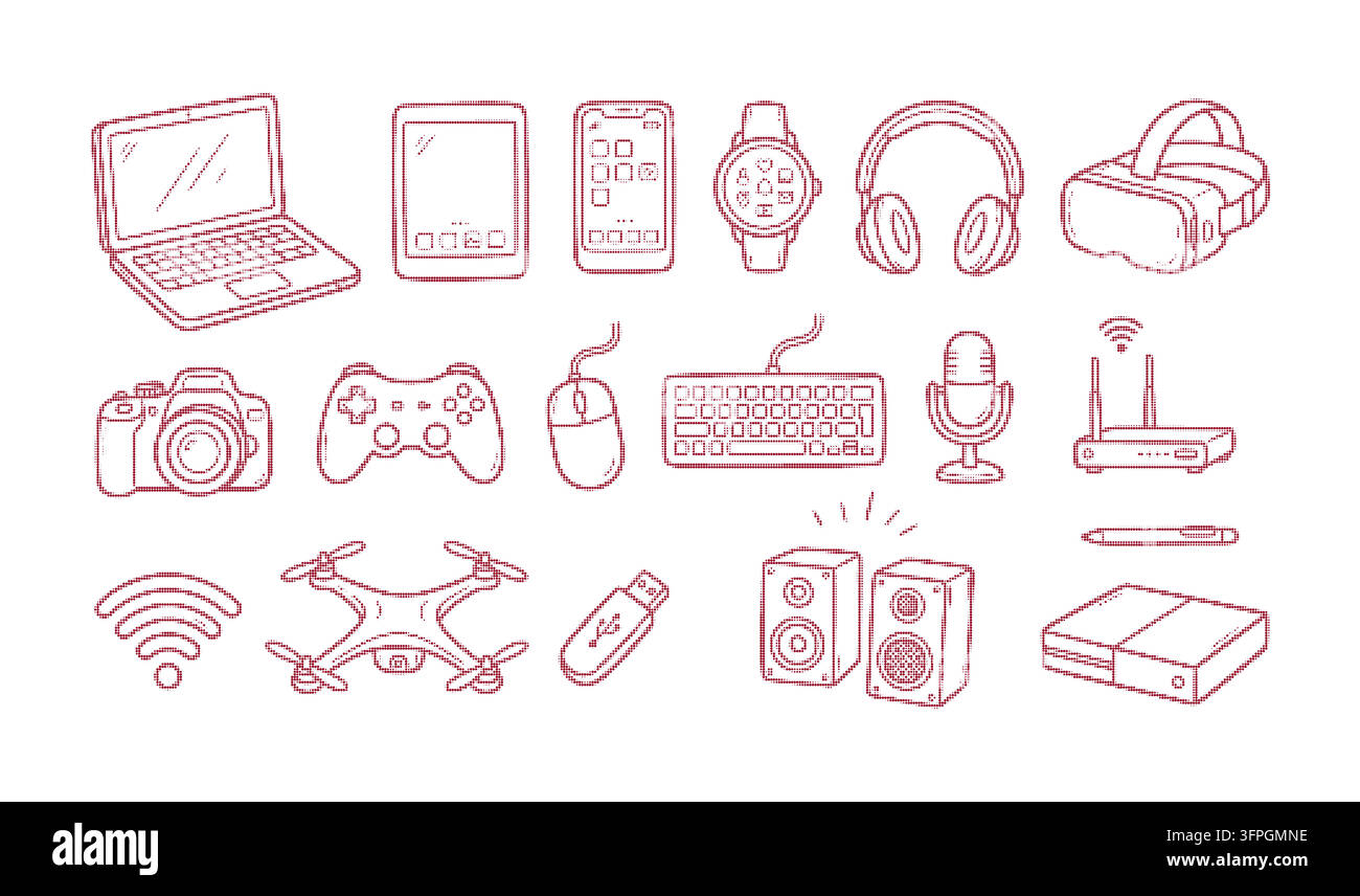 Modern Technology and Electronics Gadgets Doodle Hand Drawn Halftone Pixel Dither Style Vector Icon Set Stock Vector