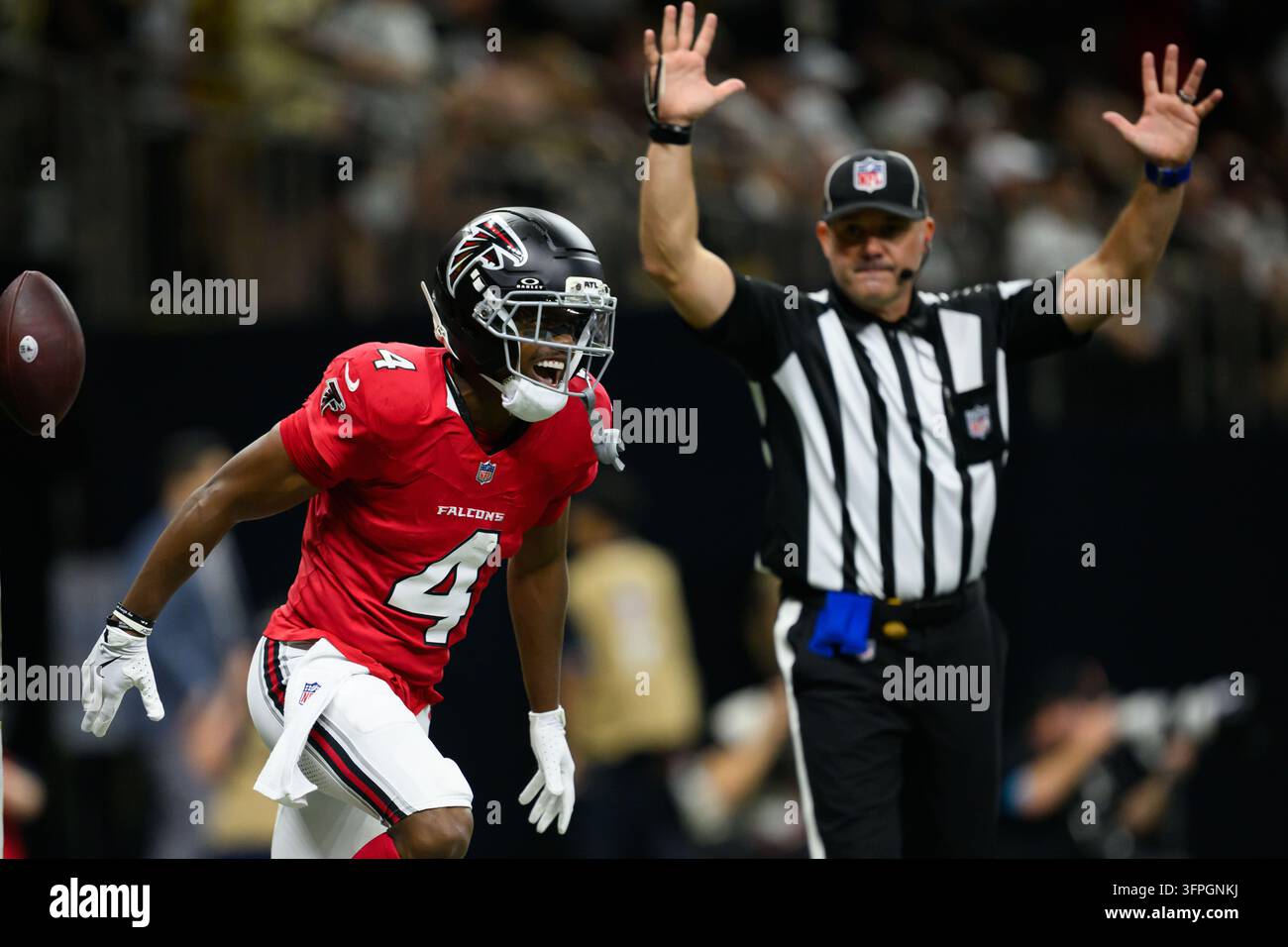 Atlanta Falcons wide receiver Jahan Dotson (4) celebrates after a ...