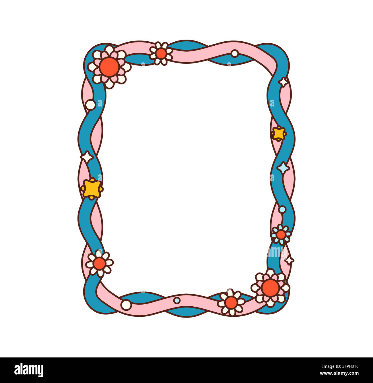 Line Sticker Great Retro groovy frame with hippie flowers and Y2K psychedelic wave border ...