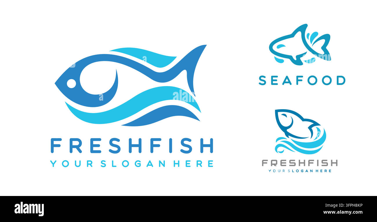Fish or seafood icons set featuring wave tailed fish silhouettes. Blue ...