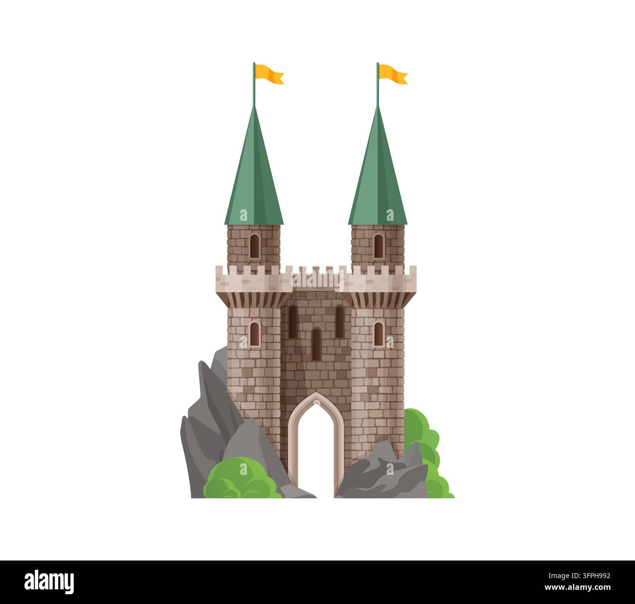 Cartoin Rocks Cartoon stone medieval fortress with twin green conical towers, golden ...