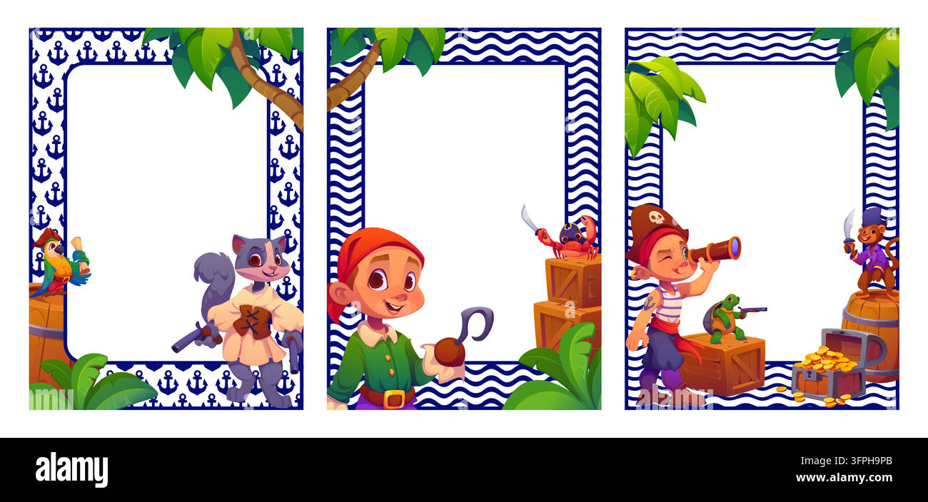 Vector Frame Kids Kids pirate photo frames with young corsairs, animals and treasures ...