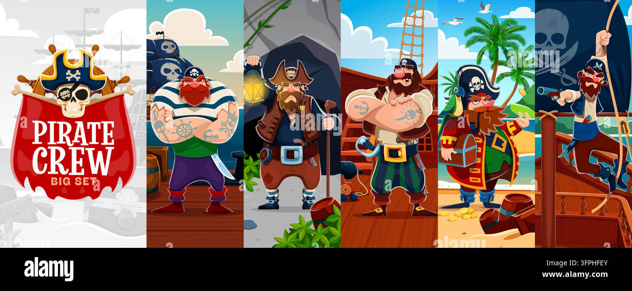 Cartoon sail ship crew member corsair and pirate characters collage ...