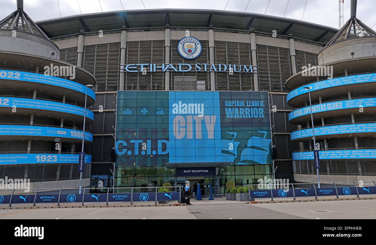 Manchester City Etihad Stadium east reception exterior with club branding and glass frontage Stock Photo