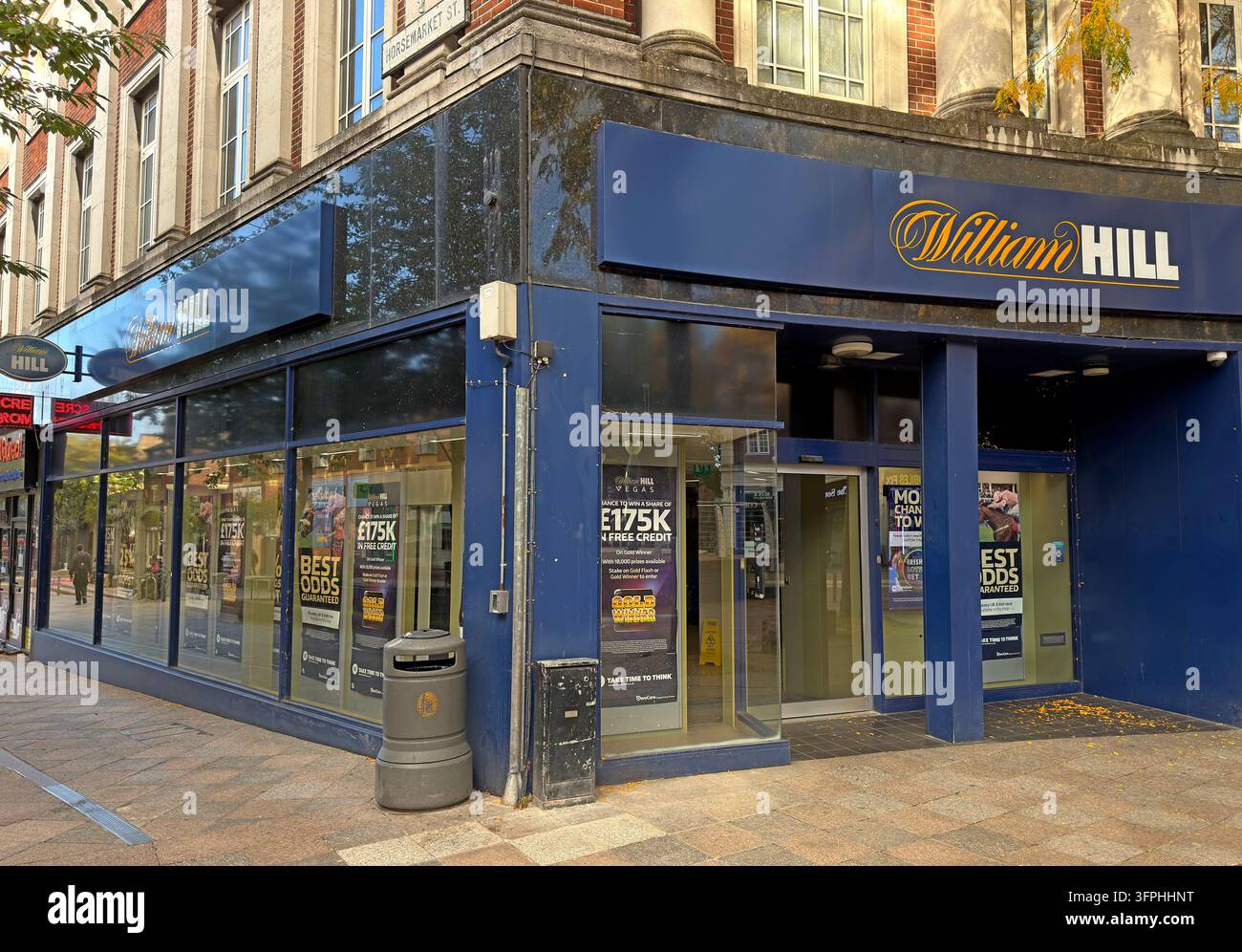 William Hill betting shop occupying a corner commercial unit in Warrington town centre Stock Photo