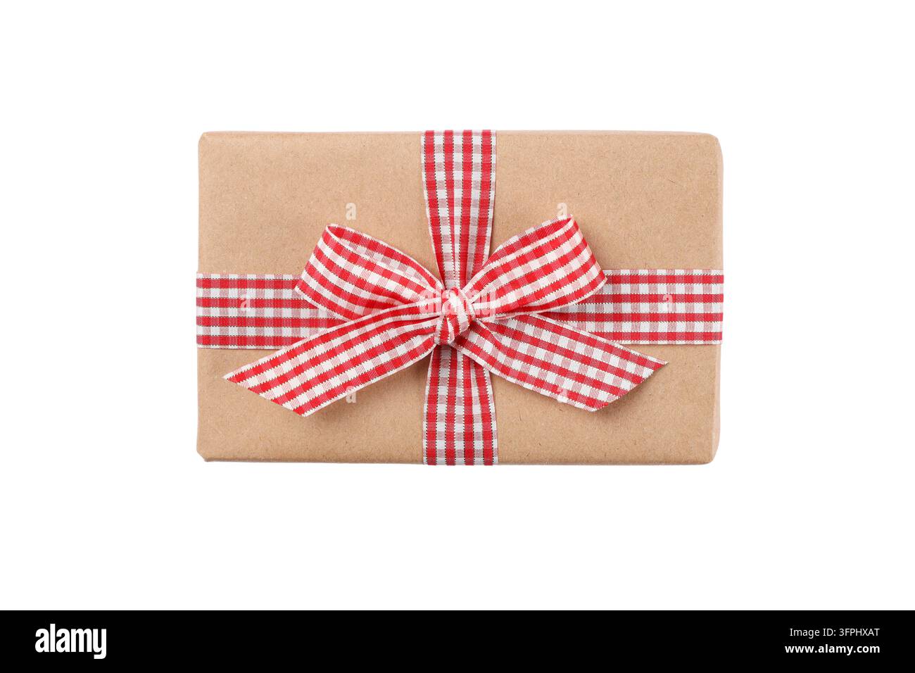 Gift box. Gift wrapped in brown paper with red gingham ribbon bow ...