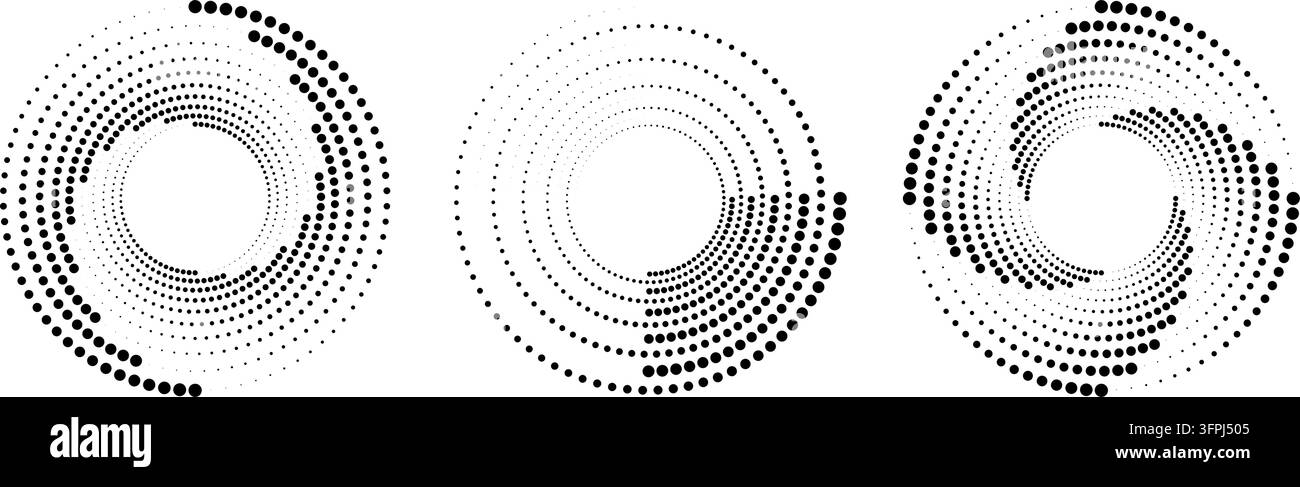 Halftone circular speed line collection. Dotted circle swirl and spiral set. Radial dynamic dot line elements for logo, print, poster, template, icon, banner. Vector rotating circle sound wave shapes Stock Vector
