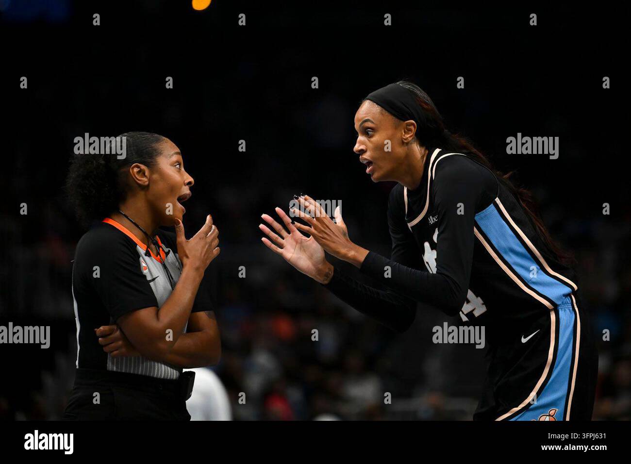 Atlanta Dream forward DeWanna Bonner (24) reacts to referees call during the second half in Game ...