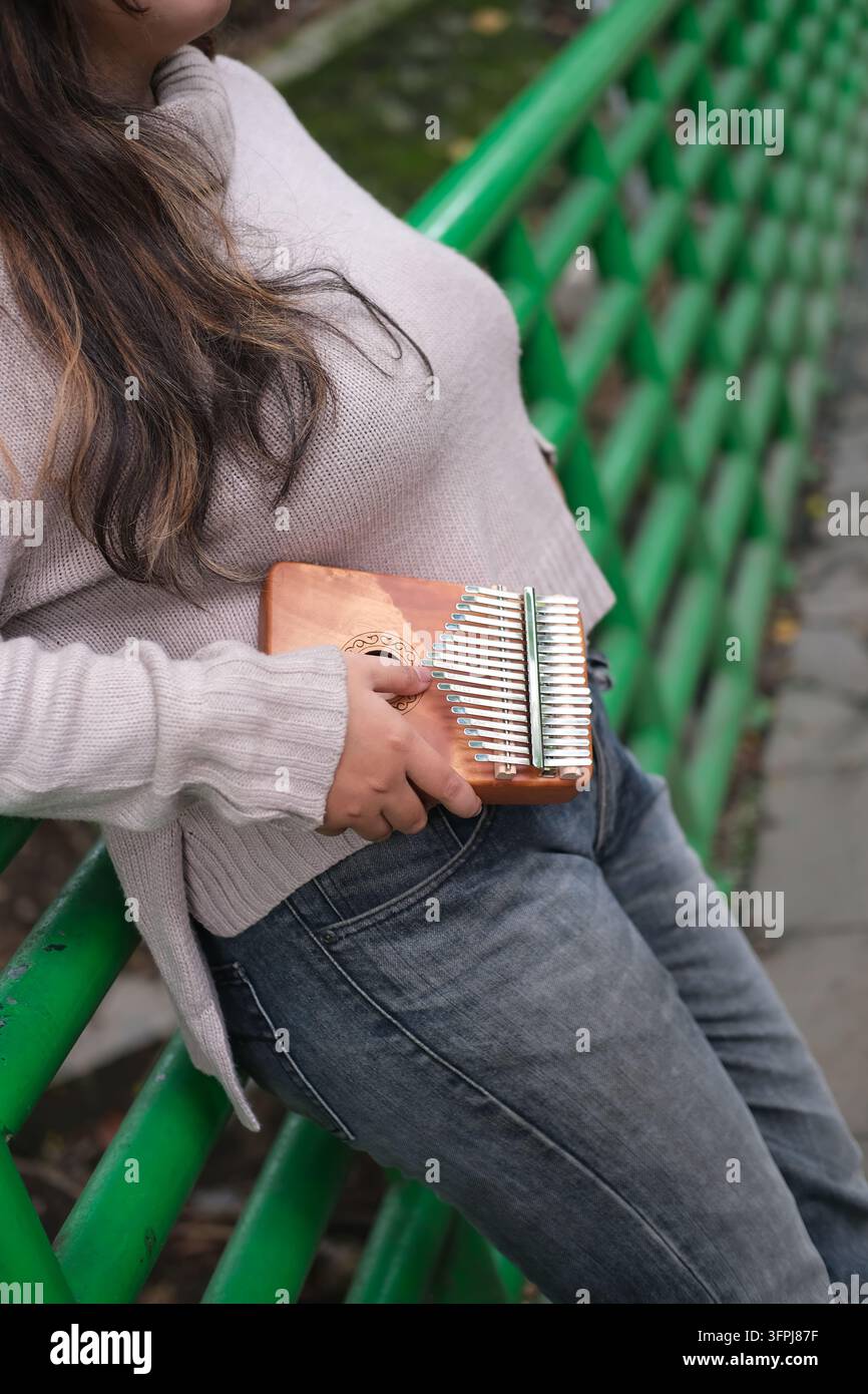 Asian Kitchen Asian woman plays a kalimba in a green park on a sunny day. The calm ...