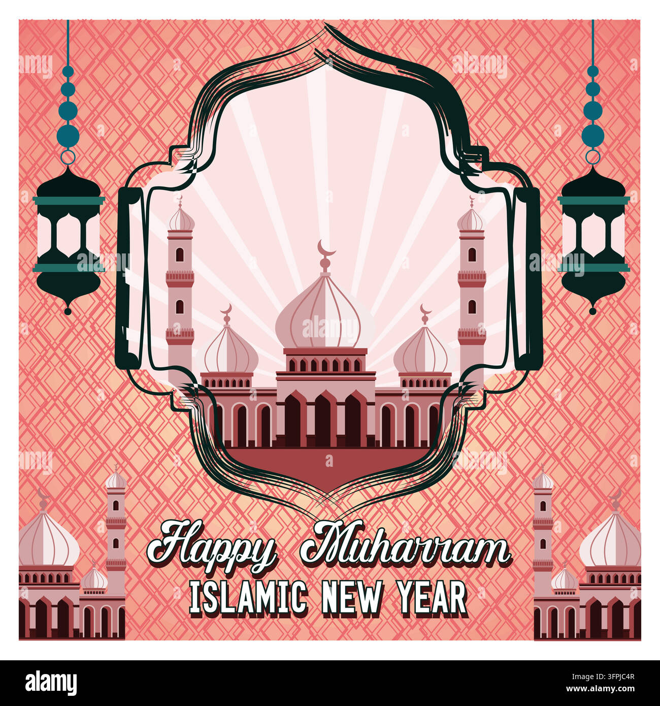 Featuring a decorative mosque framed with lanterns, celebrating Muharram as the Islamic New Year. Flat vector modern illustration Stock Vector