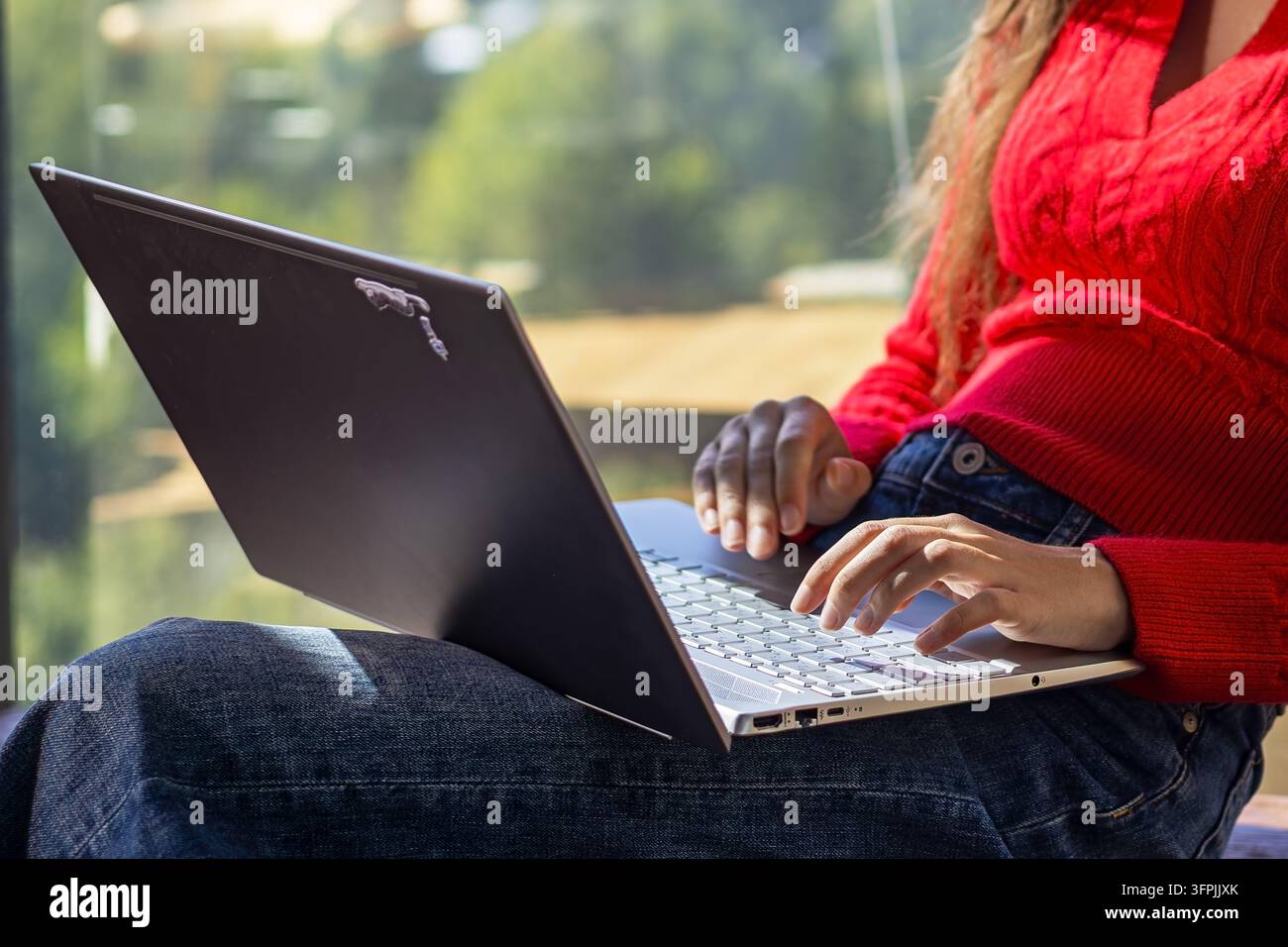 Young woman typing on laptop while sitting by a large window, close-up view of remote work and modern digital lifestyle in a bright natural setting. Stock Photo