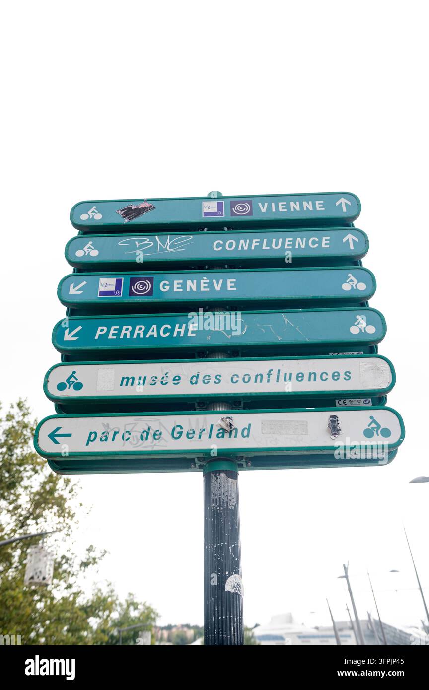 8 Sign Direction Lyon France September 2026 Cycle route sign on the banks of the Rhone ...