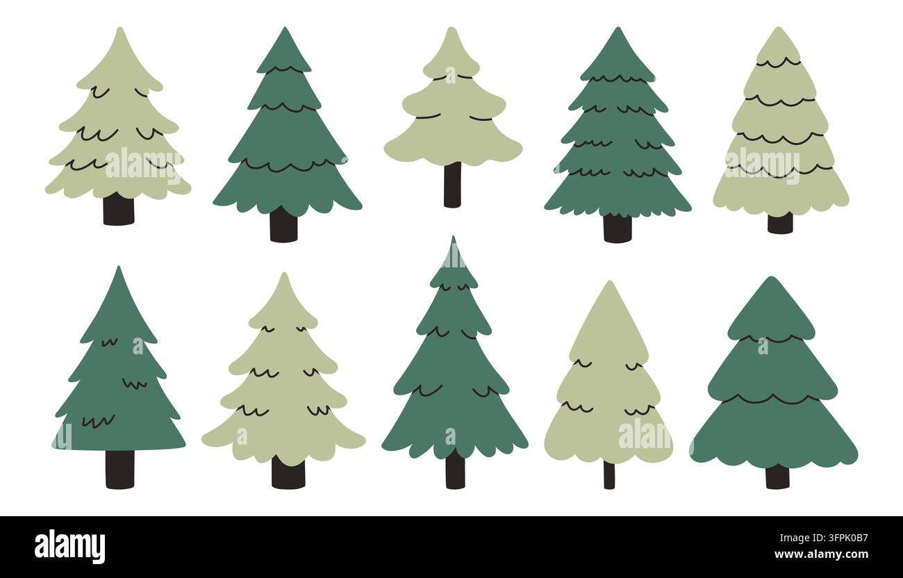 Simple green winter pine trees collection with clean outlines and subtle textures in flat vector Scandinavian style Stock Vector