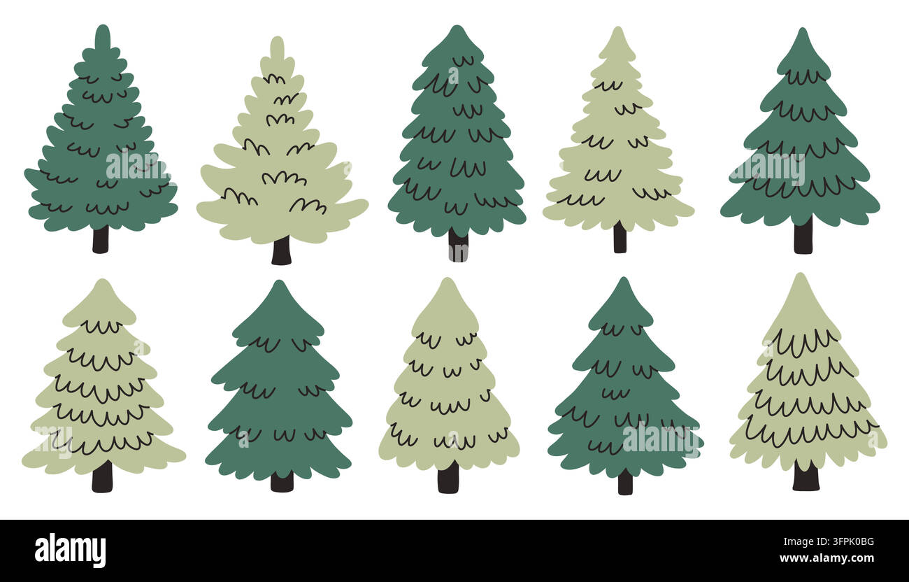Minimal green pine trees set in various shapes and textures in flat Scandinavian vector style. Ideal for winter forest and holiday designs Stock Vector